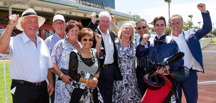 MAGIC WIN The River’s owners and trainer Trevor Andrews (right) have purchased his yearling half-brother by Your Song